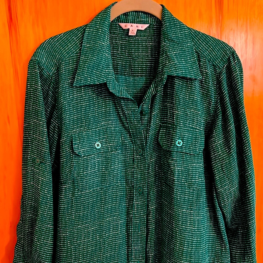 Cabi #429 Emerald Green Shirt Dress 3/4 Roll Tab Sleeves, Women’s large